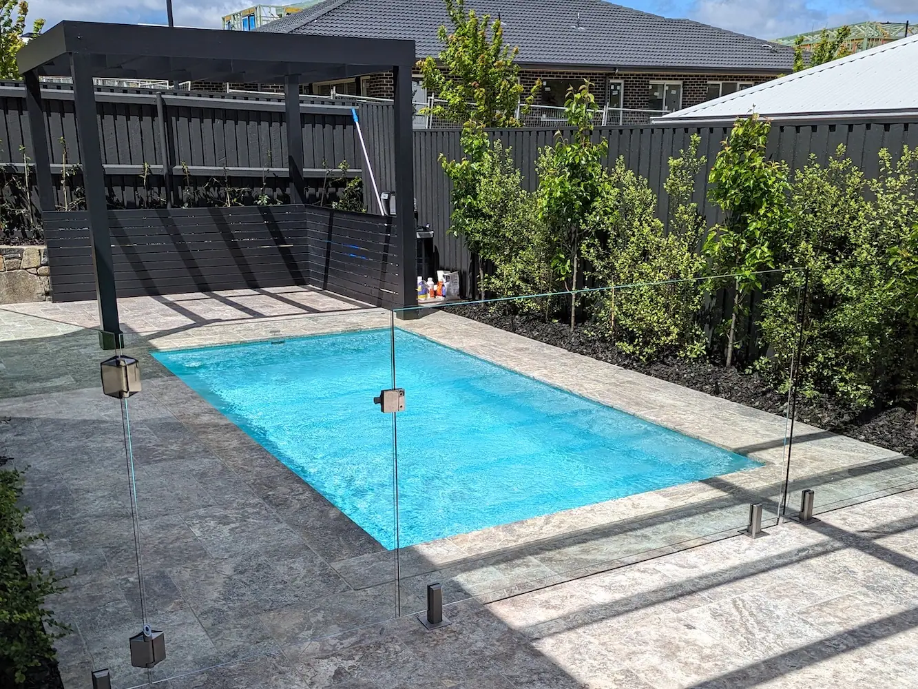 A rectangular plunge pool on grey stone paving beneath a dark timber pergola, with glass fencing and young trees along the boundary.